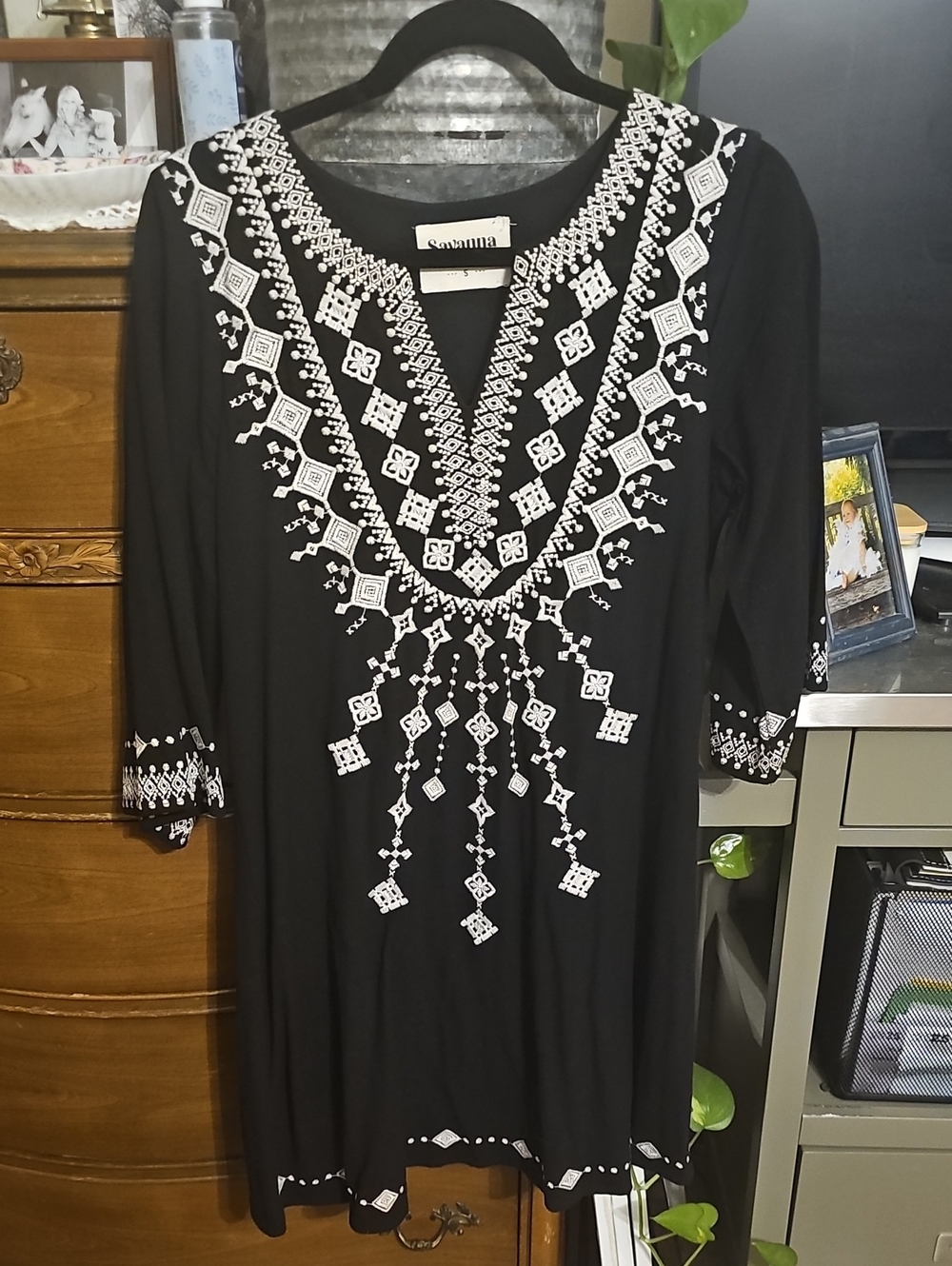 Savanna Jane Black Tunic with White Embroidered Detail